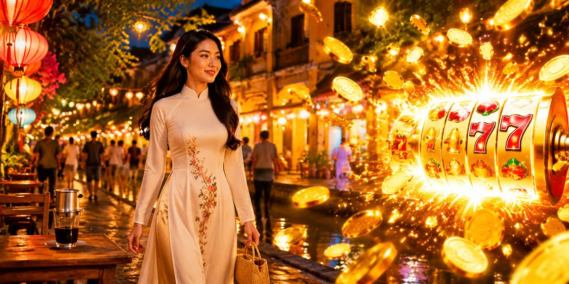 Người dùng chơi slots và kiểm tra free spins tại quán cà phê Hội An